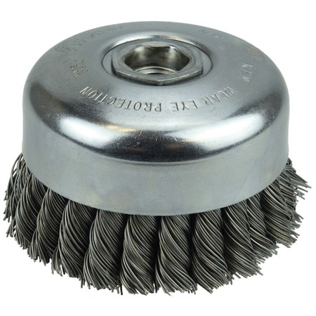 WEILER 4" Double Row Knot Wire Cup Brush .023" Steel Fill 5/8"-11 UNC Nut 94012